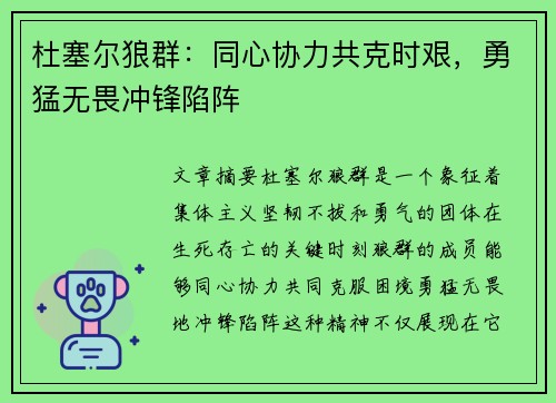 杜塞尔狼群：同心协力共克时艰，勇猛无畏冲锋陷阵